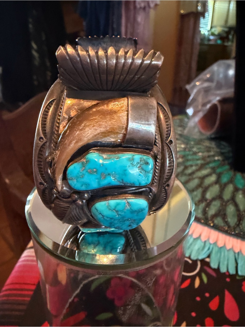 Large Men’s Native American Bear Claws & Turquoise Watch Cuff